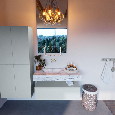 Mondiaz ALAN-DLUX Ensemble de meuble - 100cm - meuble Clay mat - 1 tiroir - Lavabo Cloud Glace suspendu - vasque Gauche - 0 trous de robinet SW806316
