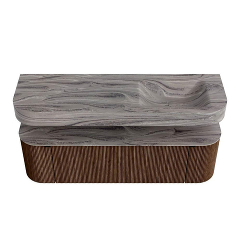 MONDIAZ THOR-DLUX 150cm meuble de salle de bains arrondi gauche + droite couleur Walnut avec 1 tiroir et 2 portes. Vasque suspendue CLOUD Droite 1 trou de robinet couleur Sombra. SW1464917