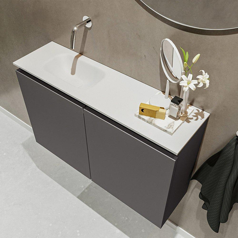 MONDIAZ TURE Toiletmeubel 80x23x50cm met 0 kraangaten 2 deuren dark grey mat Wastafel Eden links Solid Surface Wit SW474954