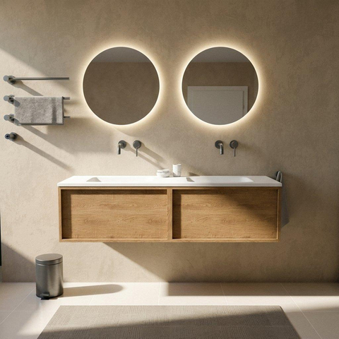 Saniclass Holz Frame Badkamermeubelset - 160x45x57.5cm - Torino solid surface wastafel wit - zonder kraangat - 2 lades - mat eiken natural (hout) SW1478689