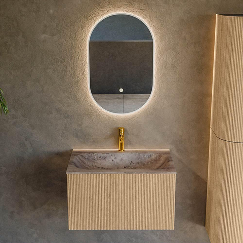 MONDIAZ KURVE-DLUX Meuble de salle de bains 70cm couleur Oak avec 1 tiroir et 0 porte. Lavabo BIG SMALL Central 1 trou de robinet Oza. SW1432620