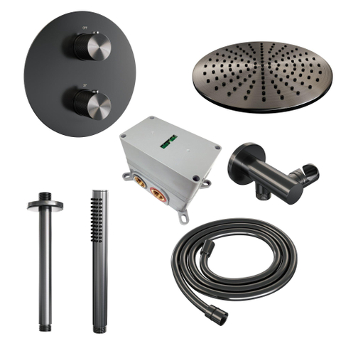 BRAUER Gunmetal Carving douche de pluie encastrée thermostatique - 3 voies - ronde - set 78 - douche de tête 30cm - bras de plafond - douchette barre - flexible de douche - raccord mural - gunmetal brossé PVD SW1159118