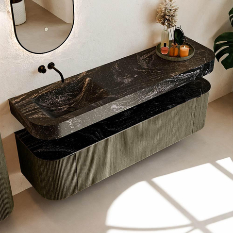 MONDIAZ THOR-DLUX 170cm meuble de salle de bains arrondi gauche + droite couleur Shadow avec 1 tiroir et 2 portes. Vasque suspendue CLOUD gauche sans trou de robinet couleur Lava. SW1465517