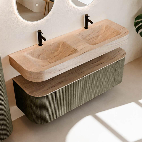 MONDIAZ THOR-DLUX 140cm meuble de salle de bains arrondi gauche + droite couleur Shadow avec 1 tiroir et 2 portes. Vasque suspendue CLOUD Double 2 trous de robinet couleur Saba. SW1464355