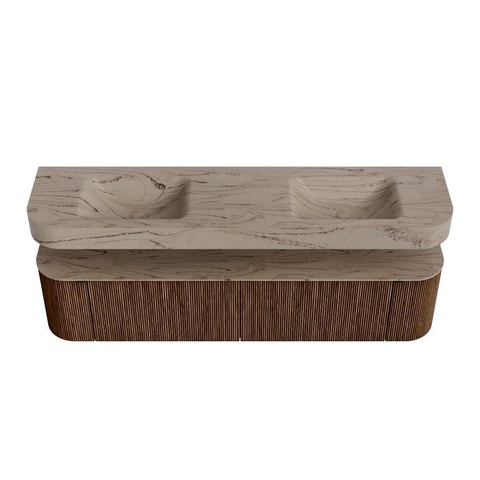 MONDIAZ THOR-DLUX 190cm meuble de salle de bains arrondi gauche + droite couleur Walnut avec 2 tiroirs et 2 portes. Vasque suspendue CLOUD Double 2 trous de robinet couleur Arena. SW1466588