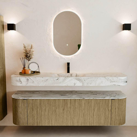 MONDIAZ THOR-DLUX 170cm meuble de salle de bains arrondi gauche + droite couleur Dusk avec 1 tiroir et 2 portes. Vasque suspendue CLOUD Milieu 1 trou de robinet couleur Glace. SW1465640