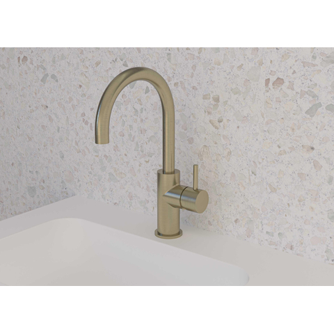 MAY Stilo Mitigeur de lavabo monotrou sur plage avec bec pivotant Or brossé mat PVD SW1224777