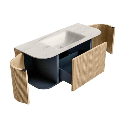 MONDIAZ KURVE-DLUX Meuble de salle de bains 110cm arrondi Gauche + Droite couleur Chêne avec 1 tiroir et 2 portes. Lavabo CLOUD Central 1 trou de robinet Meli. SW1431591