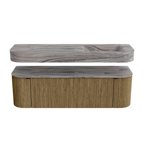 MONDIAZ THOR-DLUX 150cm meuble de salle de bains arrondi gauche + droite couleur Dusk avec 1 tiroir et 2 portes. Vasque suspendue CLOUD droite sans trou de robinet couleur Sombra. SW1464907