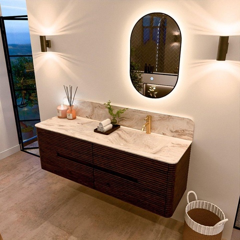 Mondiaz CIRO-DLUX Badkamermeubelset - 150x45x50cm - Solid surface wastafel Frappe - 1 wasbak Rechts - 1 kraangat - 4 lades - Walnut SW1530211
