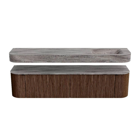 MONDIAZ THOR-DLUX Meuble de salle de bains 190cm arrondi gauche + droite couleur Walnut avec 2 tiroirs et 2 portes. Vasque suspendue CLOUD Droite sans trou de robinet couleur Oza. SW1466807