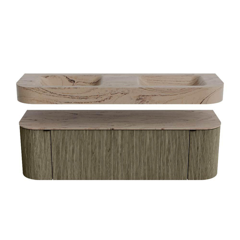 MONDIAZ THOR-DLUX 150cm meuble de salle de bains arrondi gauche + droite couleur Shadow avec 1 tiroir et 2 portes. Vasque suspendue CLOUD Double 2 trous de robinet couleur Arena. SW1464737
