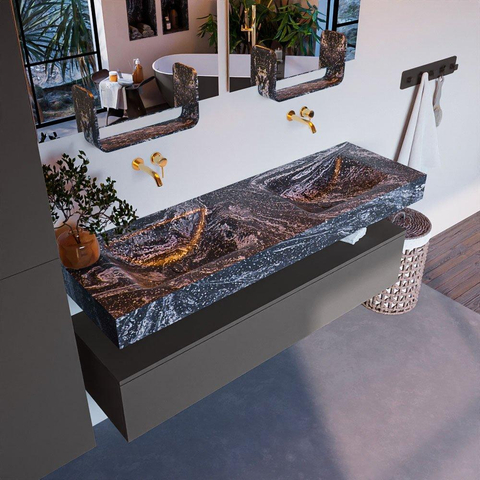 Mondiaz ALAN-DLUX Ensemble de meuble - 150cm - meuble Dark grey mat - 1 tiroir - Lavabo Cloud Lava suspendu - vasque Gauche et droite - 0 trous de robinet SW807882