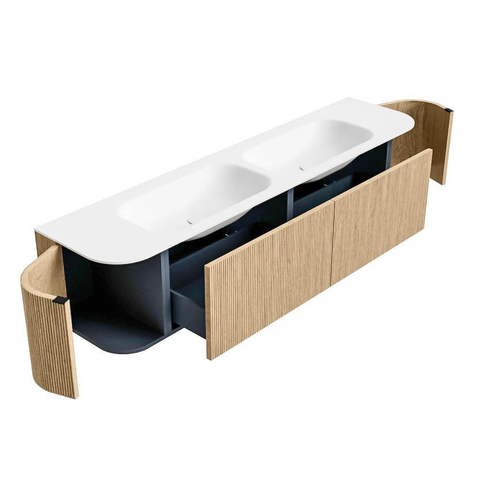 MONDIAZ KURVE Meuble de salle de bains 190 cm avec module 25 Len R couleur Chêne avec 2 tiroirs et 2 portes. Lavabo BIG SMALL double 2 trous de robinet Talc. SW1138272