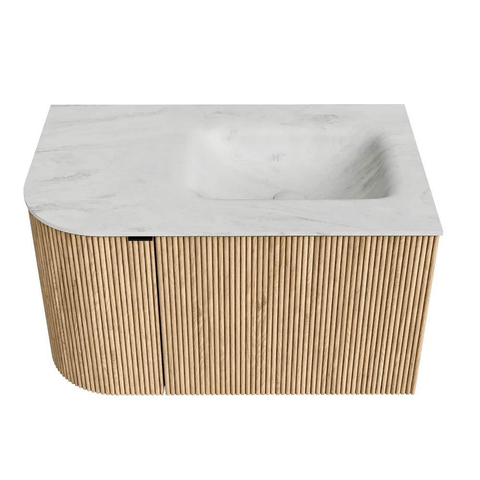 MONDIAZ KURVE-DLUX Meuble de salle de bains 75 cm avec module 25 L couleur Oak avec 1 tiroir et 1 porte. Lavabo GRUNNE à droite 1 trou de robinet couleur Opalo. SW1137572