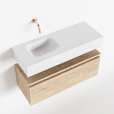 MONDIAZ ANDOR Meuble WC - 80x30x30cm - 0 trous de robinet - 1 tiroir - chêne blanchi mat - vasque à gauche - Solid surface - Blanc SW474266