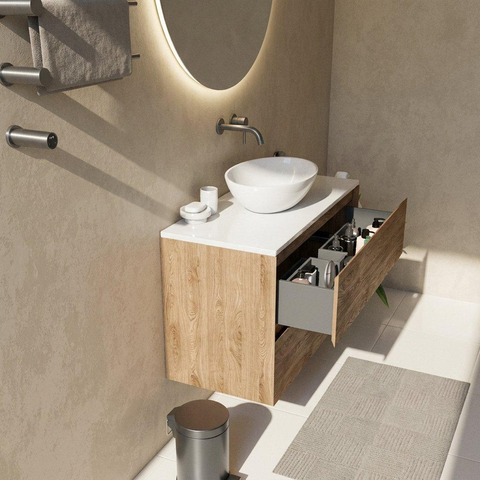 Saniclass Holz Pure Badkamermeubelset - 100x45x62.5cm - Torino solid surface topblad wit - zonder kraangat - 2 lades - mat eiken natural (hout) SW1478709