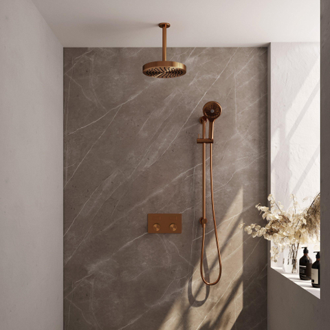 BRAUER Stripe Douche de pluie thermostatique encastrée - boutons-poussoirs - pomme de douche 25cm - bras de plafond - douchette 3 positions - flexible de douche - barre coulissante intégrée - cuivre brossé PVD SW1435214