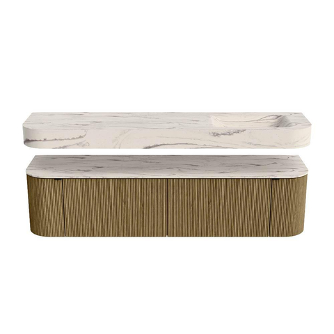 MONDIAZ THOR-DLUX 180cm meuble de salle de bains arrondi gauche + droite couleur Dusk avec 2 tiroirs et 2 portes. Vasque suspendue CLOUD Droite 1 trou de robinet couleur Nata. SW1466213