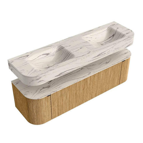 MONDIAZ THOR-DLUX 160cm badmeubel ronding links + rechts kleur Oak met 1 lade en 2 deuren. Vrijhangende wastafel CLOUD Dubbel zonder kraangat kleur Nata. SW1465252