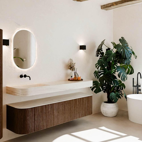 MONDIAZ THOR-DLUX 180cm meuble de salle de bains arrondi gauche + droite couleur Walnut avec 2 tiroirs et 2 portes. Vasque suspendue CLOUD Gauche sans trou de robinet couleur Meli. SW1466175