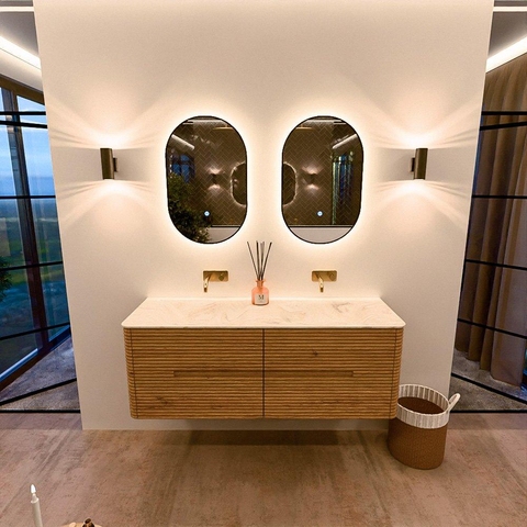 Mondiaz CIRO-DLUX Ensemble de meuble de salle de bains - 140x45x50cm - Plan-vasque solid surface Ostra - 2 vasques double - sans trous de robinet - 4 tiroirs - Chêne SW1530937
