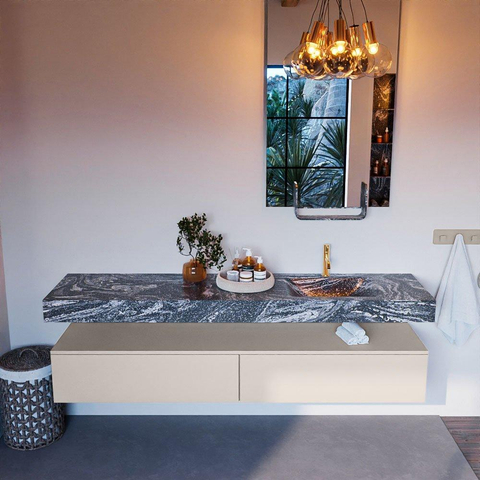 Mondiaz ALAN-DLUX Ensemble de meuble - 200cm - meuble Linen mat - 2 tiroirs - Lavabo Cloud Lava suspendu - vasque droite - 1 trou de robinet SW808182
