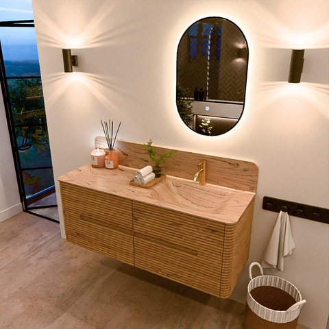 Mondiaz CIRO-DLUX Ensemble de meubles de salle de bains - 130x45x50cm - Vasque en solid surface Arena - 1 bassin à droite - 1 trou de robinet - 4 tiroirs - Chêne SW1531350
