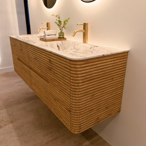 Mondiaz CIRO-DLUX Badkamermeubelset - 160x45x50cm - Solid surface wastafel Glace - 2 wasbak Dubbel - 2 kraangaten - 4 lades - Oak SW1530833
