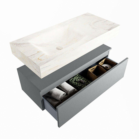 Mondiaz ALAN-DLUX Ensemble de meuble - 100cm - meuble Plata mat - 1 tiroir - Lavabo Cloud Ostra suspendu - vasque Gauche - 1 trou de robinet SW807600