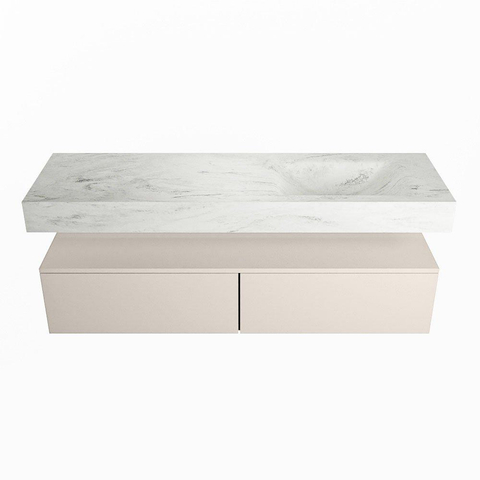 Mondiaz ALAN-DLUX Ensemble de meuble - 150cm - meuble Linen mat - 2 tiroirs - Lavabo Cloud Opalo suspendu - vasque Droite - 0 trous de robinet SW806503