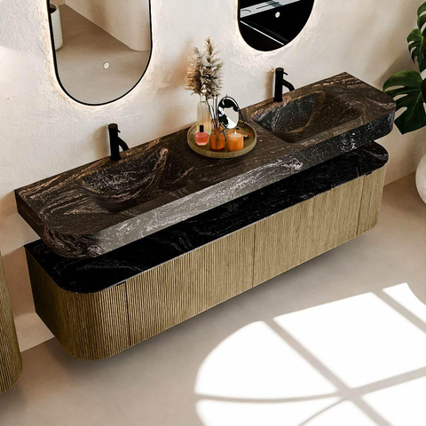 MONDIAZ THOR-DLUX Meuble de salle de bains - 190cm - arrondi gauche + droite - couleur Dusk - 2 tiroirs et 2 portes - Vasque suspendue CLOUD Double 2 trous de robinet - couleur Lava SW1466483