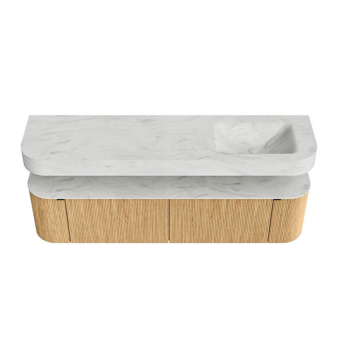 MONDIAZ THOR-DLUX 180cm badmeubel ronding links + rechts kleur Oak met 2 lades en 2 deuren. Vrijhangende wastafel CLOUD Rechts 1 kraangat kleur Opalo. SW1465923