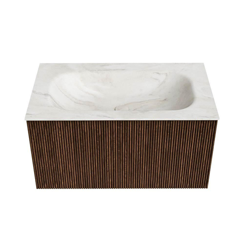 MONDIAZ KURVE-DLUX Meuble de salle de bains 80 cm couleur Walnut avec 1 tiroir. Lavabo BIG SMALL centré sans trou de robinet couleur Ostra. SW1137846