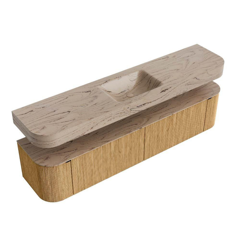 MONDIAZ THOR-DLUX Meuble de salle de bains - 200cm - arrondi gauche + droite - couleur Oak - 2 tiroirs et 2 portes - Vasque suspendue CLOUD Milieu sans trou de robinet - couleur Arena SW1467056
