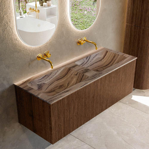MONDIAZ KURVE-DLUX Meuble de salle de bains 120 cm couleur Walnut avec 1 tiroir et 0 porte. Lavabo LEAF Double sans trou de robinet Sombra. SW1433693