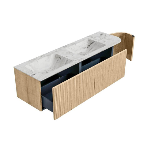 MONDIAZ KURVE-DLUX meuble de salle de bains 155cm avec module 25 R couleur Oak avec 2 tiroirs et 1 porte. Lavabo LEAF double / gauche 2 trous de robinet couleur Glace. SW1137954