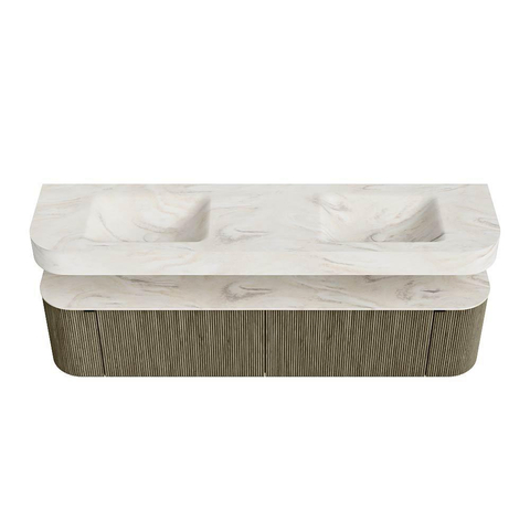 MONDIAZ THOR-DLUX 190cm meuble de salle de bains arrondi gauche + droite couleur Shadow avec 2 tiroirs et 2 portes. Vasque suspendue CLOUD Double sans trou de robinet couleur Ostra. SW1466589