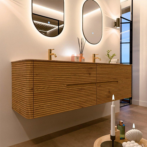 Mondiaz CIRO-DLUX Badkamermeubelset - 170x45x50cm - Solid surface wastafel Arena - 2 wasbak Dubbel - 2 kraangaten - 4 lades - Oak SW1531366