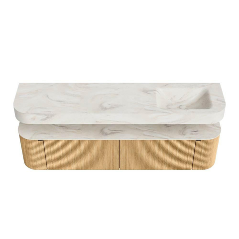 MONDIAZ THOR-DLUX 190cm badmeubel ronding links + rechts kleur Oak met 2 lades en 2 deuren. Vrijhangende wastafel CLOUD Rechts 1 kraangat kleur Ostra. SW1466399