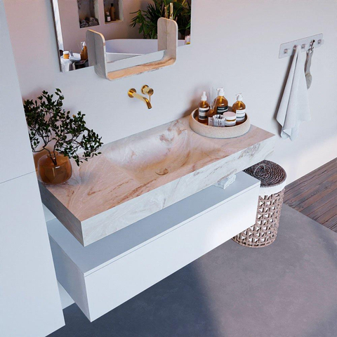 Mondiaz ALAN-DLUX Ensemble de meuble - 110cm - meuble Talc mat - 1 tiroir - Lavabo Cloud Frappe suspendu - vasque Centre - 0 trous de robinet SW804940