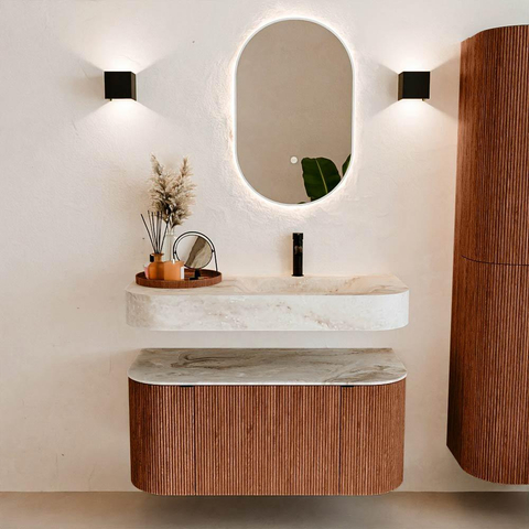 MONDIAZ THOR-DLUX 100cm meuble de salle de bains arrondi gauche + droite couleur Ruby avec 1 tiroir et 2 portes. Vasque suspendue CLOUD Droite 1 trou de robinet couleur Frappe. SW1467365