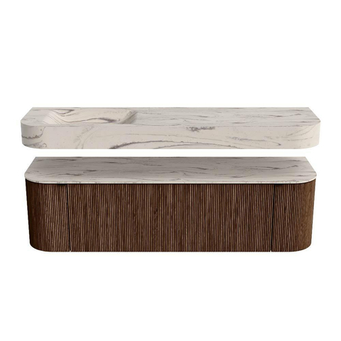 MONDIAZ THOR-DLUX 160cm badmeubel ronding links + rechts kleur Walnut met 1 lade en 2 deuren. Vrijhangende wastafel CLOUD Links zonder kraangat kleur Nata. SW1465255