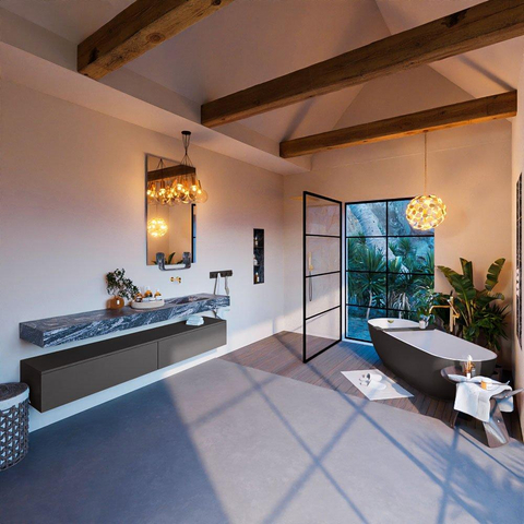 Mondiaz ALAN-DLUX Ensemble de meuble - 200cm - meuble Dark grey mat - 2 tiroirs - Lavabo Cloud Lava suspendu - vasque Droite - 0 trous de robinet SW808125
