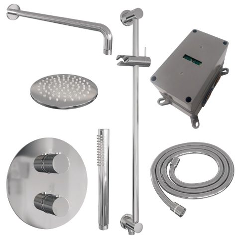 BRAUER Chrome Carving douche thermostatique encastrée - 3 voies - rond - ensemble 87 - douche principale de 20 cm - bras mural courbé - douchette à main - flexible de douche - barre de douche intégrée - chrome SW1159044