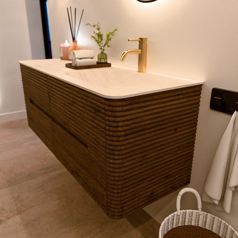 Mondiaz CIRO-DLUX Badkamermeubelset - 130x45x50cm - Solid surface wastafel Meli - 1 wasbak Rechts - 1 kraangat - 4 lades - Dusk SW1533155