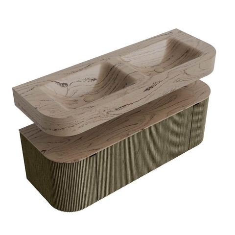 MONDIAZ THOR-DLUX 130cm meuble de salle de bains arrondi gauche + droite couleur Shadow avec 1 tiroir et 2 portes. Vasque suspendue CLOUD Double 2 trous de robinet couleur Arena. SW1463812