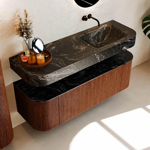 MONDIAZ THOR-DLUX 140cm meuble de salle de bains arrondi gauche + droite couleur Ruby avec 1 tiroir et 2 portes. Vasque suspendue CLOUD Droite sans trou de robinet couleur Lava. SW1464139