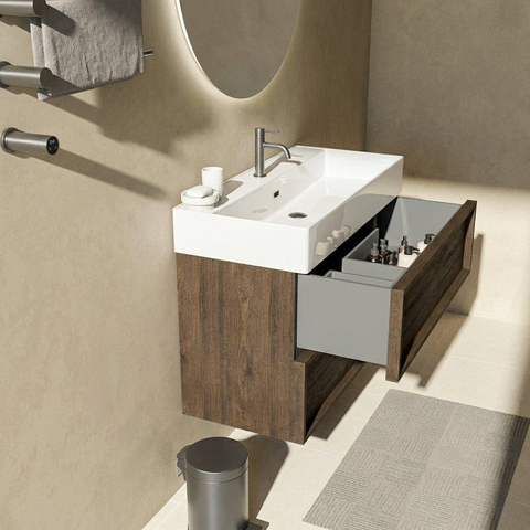 Saniclass Holz Frame Ensemble de meubles de salle de bains - 100x45x72cm - Legend lavabo en céramique blanc - 1 vasque - 1 trou de robinet - 2 tiroirs - chêne charbon mat (bois) SW1579984