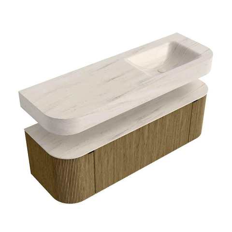 MONDIAZ THOR-DLUX 140cm meuble de salle de bains arrondi gauche + droite couleur Dusk avec 1 tiroir et 2 portes. Vasque suspendue CLOUD droite sans trou de robinet couleur Meli. SW1464402